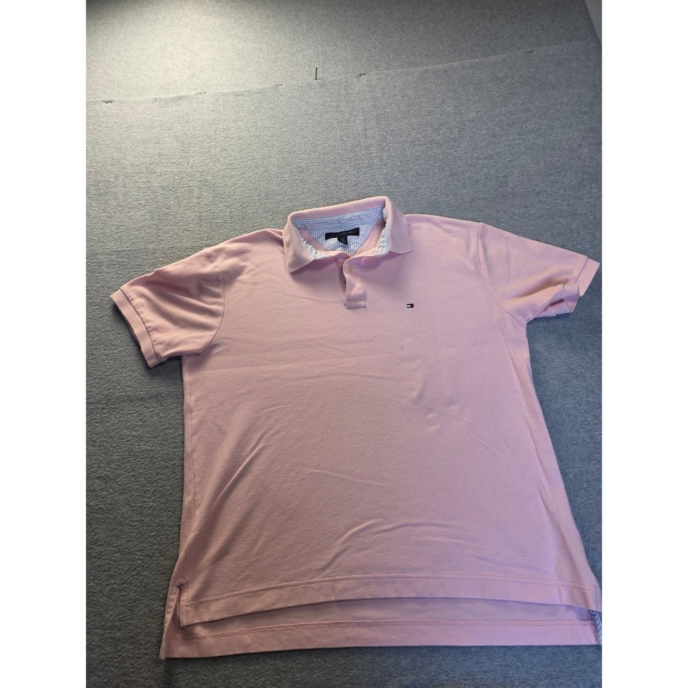 Tommy Hilfiger Mens Pink Short Sleeve Pique Polo Shirt Large L Logo Striped Trim